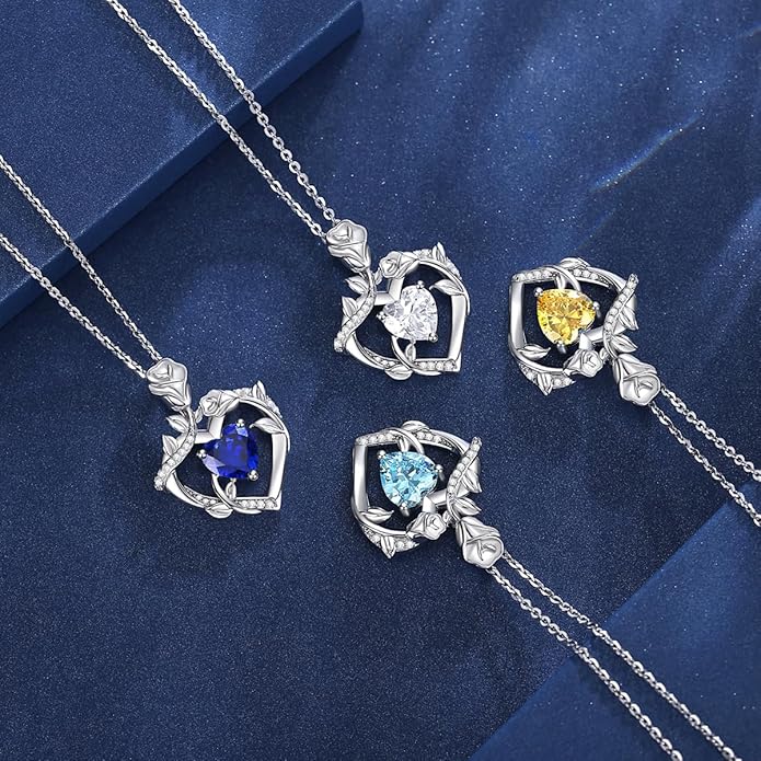 AGVANA Rose Birthstone Necklace for Women Sterling Silver Rose Flower Heart Necklace Fine Jewelry Anniversary Birthday Gifts for Women Wife Mom Her, Length: 18"+2"