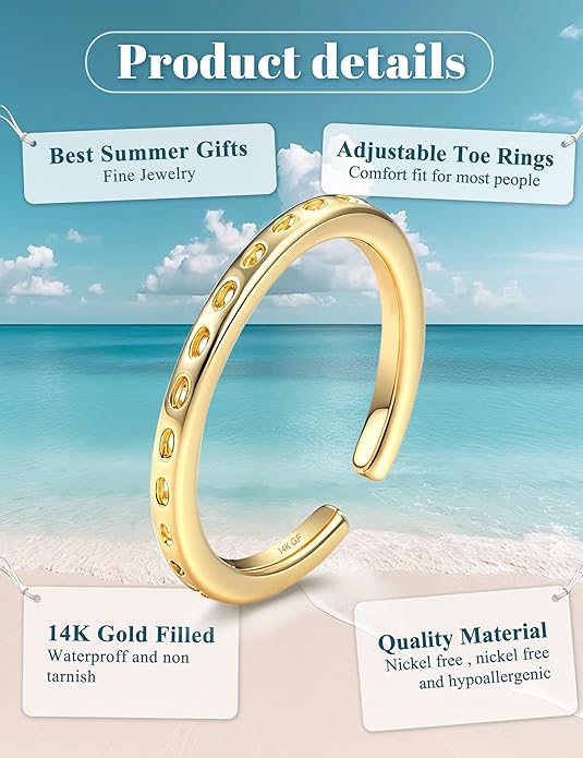 FIASASO 14K Gold Filled Toe Rings for Women Non Tarnish 14K Gold Filled Toe Ring Adjustable Band Opal Dainty Toe Ring Summer Beach Open Toe Rings Foot Jewelry
