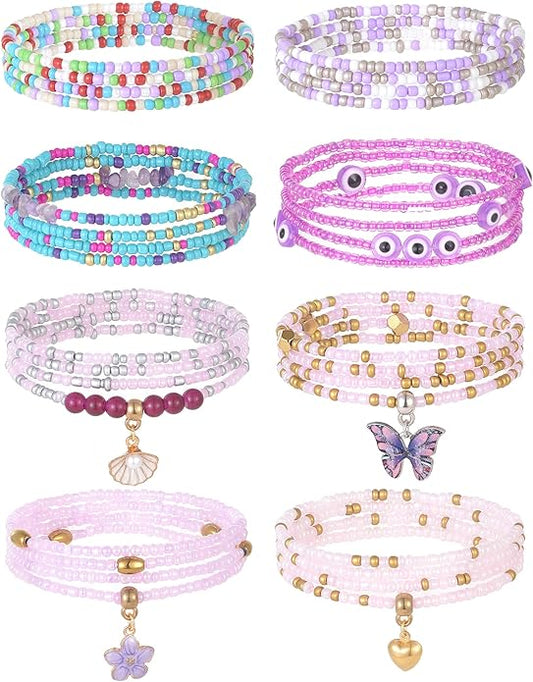 Tornito 8Pcs 31.5 Inches African Waist Bead Chain Elastic Belly Beads Butterfly Shell Layered Body Chain Colorful Jewelry Accessories for Women