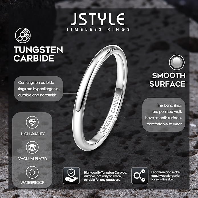 Jstyle 2mm 4mm 6mm 8mm Tungsten Rings for Men Women Hypoallergenic Wedding Band Rings Gold/Silver Domed High Polish Comfort Fit Size 6-12 Not Tarnished
