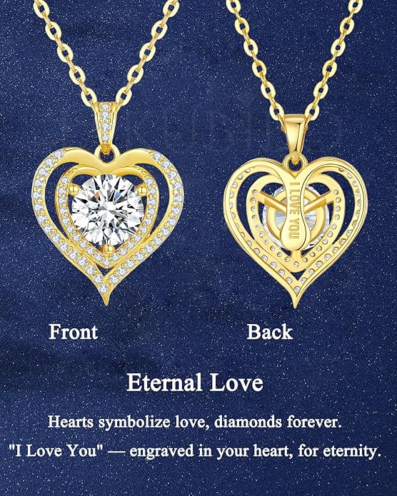 Moissanite Necklace for Women,1-2 Carat Heart Necklace Pendant Engraved with 'I LOVE YOU', 18K Gold Plated S925 Silver Jewelry Anniversary Birthday Gift for Girlfriend Wife Mom