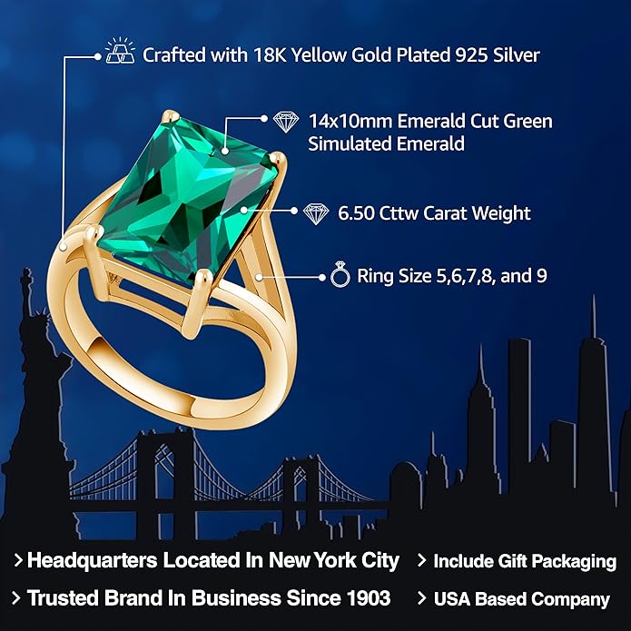 Gem Stone King 5-10 Cttw Gemstone Birthstone Solitaire Engagement Ring For Women | 18K Yellow Gold Plated Silver | 14X10MM Emerald Cut | Wedding Anniversary Ring | Available In Size 5, 6, 7, 8, 9