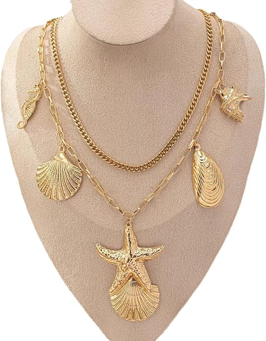 Choistily Charm Necklace Dainty Gold Western Outfit Beach Jewelry for Women Trendy Cowgirl Accessories for Women Gold Bow Sea Shell Pendant Necklace Preppy Stuff Summer Jewelry 2025