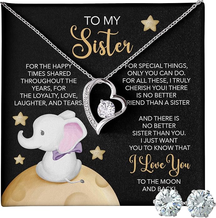 (USA-Assembled) To Sister Gift - Heart Necklace and Earring Set for Women Her Jewelry - Birthday Christmas Graduation College Female Black Box (id174)