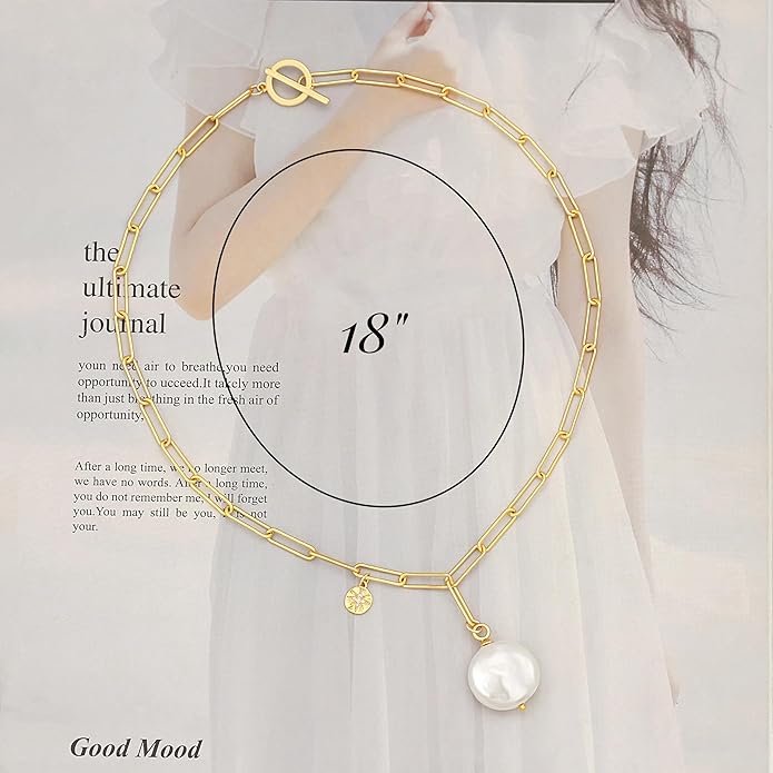 18k Gold Chain Link Necklace for Women, Baroque Pearl/Compass Pendant Necklace
