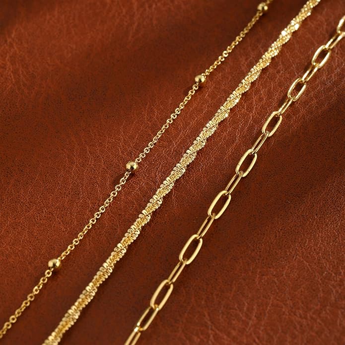 Ankle Bracelets for Women 14K Real Gold Silver Plated Ankle Bracelets Waterproof Heart Beads Rope Satellite Anklets Set Adjustable Layered Anklet Bracelets No Tarnish Summer Beach Jewelry Gift