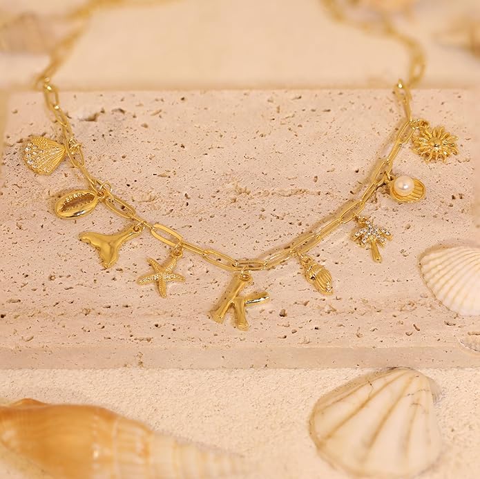Initial Charm Necklace For Women Shell Letter Necklaces Gold Charms Pendant Boho Summer Seashell Beach 14k Starfish Surfer Jewelry Gifts