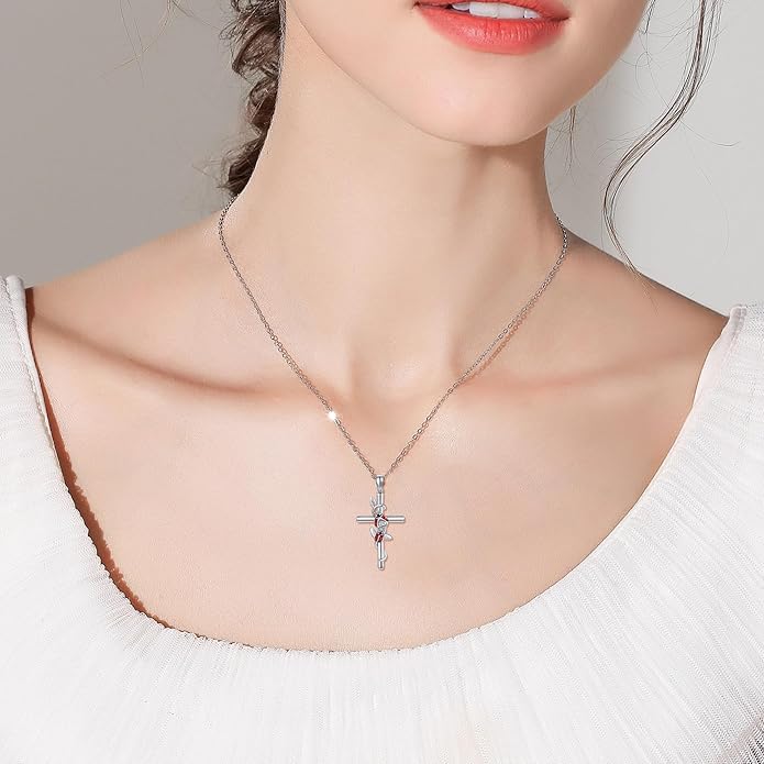 Flower Cross Necklace 925 Sterling Silver Carnation/Rose/Lily/Daisy Cross Necklace Birth Flower Jewelry for Women
