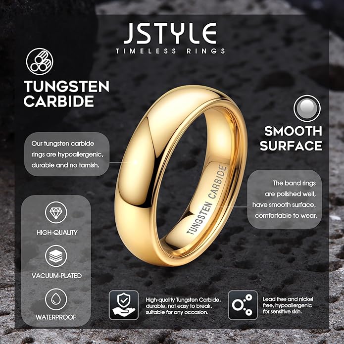 Jstyle 2mm 4mm 6mm 8mm Tungsten Rings for Men Women Hypoallergenic Wedding Band Rings Gold/Silver Domed High Polish Comfort Fit Size 6-12 Not Tarnished