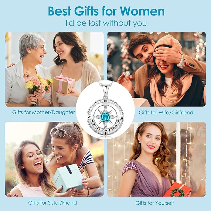 Compass Necklace Gifts for Women wife - S925 Sterling Silver Birthstone Necklaces for Women - Anniversary Birthday Gifts for Her Wife Girlfriend - Valentines Mom Mothers Day Christmas Gifts Jewelry for Women