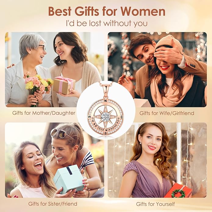 Compass Necklace Gifts for Women wife - S925 Sterling Silver Birthstone Necklaces for Women - Anniversary Birthday Gifts for Her Wife Girlfriend - Valentines Mom Mothers Day Christmas Gifts Jewelry for Women