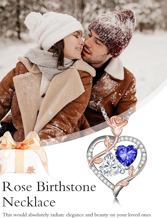 Jewelry for Her Double Heart Rose Birthstone Pendant Necklace Anniversary Jewelry Christmas Birthday Gifts for Women Wife Girlfriend