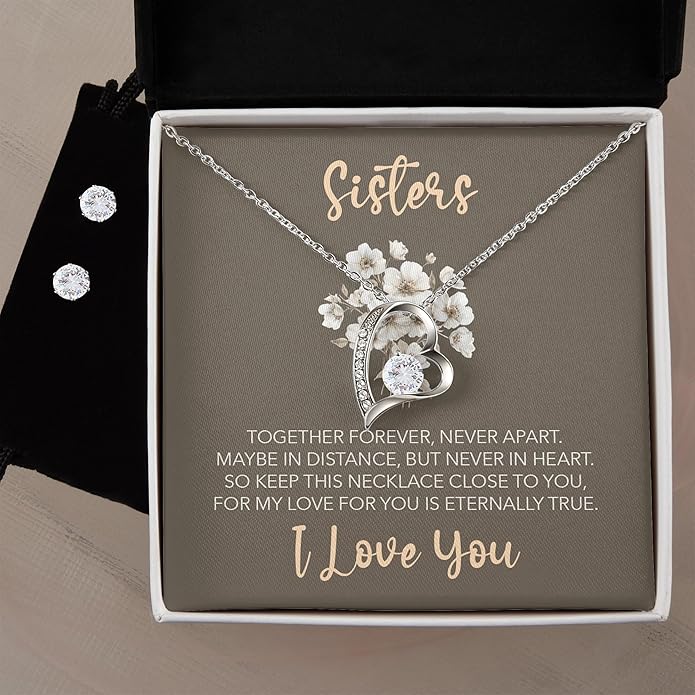 (USA-Assembled) Sisters Gift - Heart Necklace and Earring Set for Women Her Jewelry - Birthday Christmas Graduation College Female Black Box (id188)