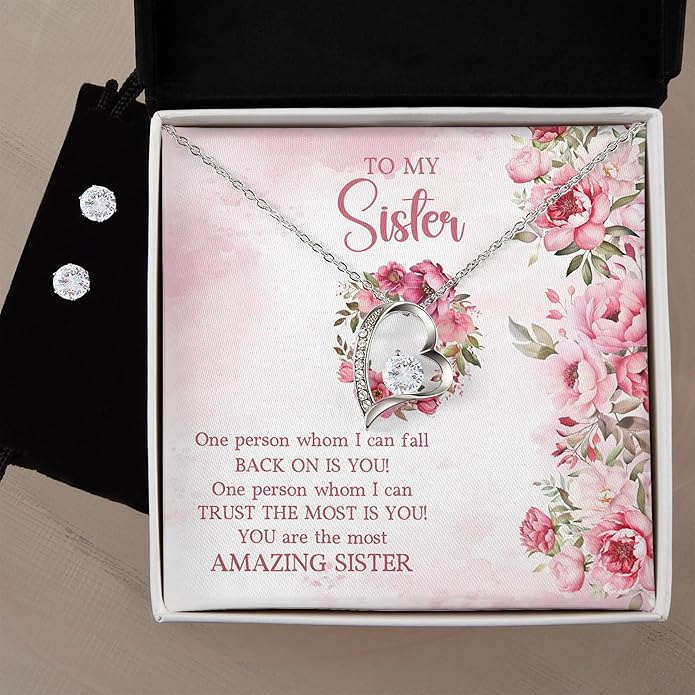 (USA-Assembled) To Sister Gift - Heart Necklace and Earring Set for Women Her Jewelry - Birthday Christmas Graduation College Female Black Box (id190)