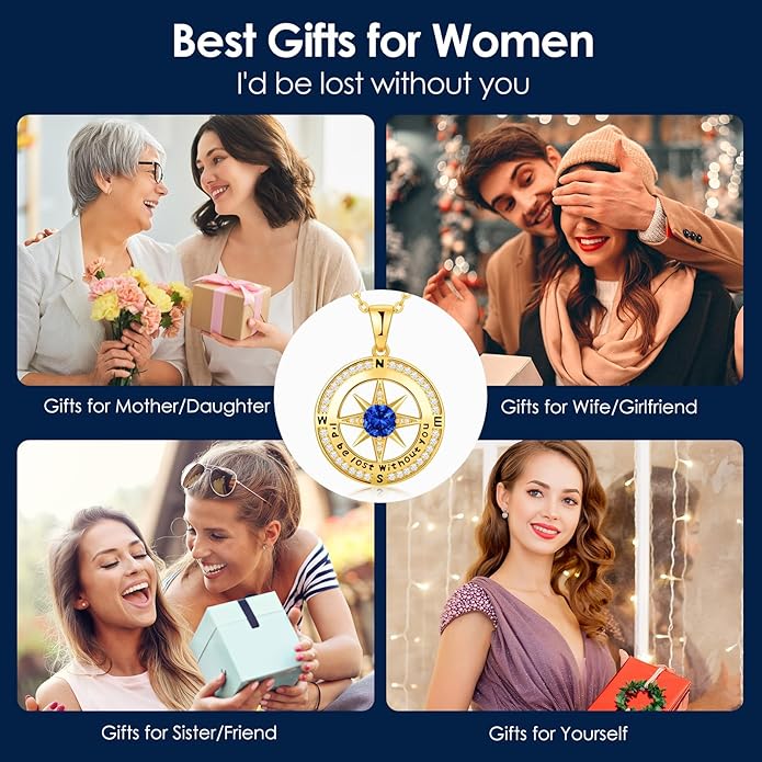 Compass Necklace Gifts for Women wife - S925 Sterling Silver Birthstone Necklaces for Women - Anniversary Birthday Gifts for Her Wife Girlfriend - Valentines Mom Mothers Day Christmas Gifts Jewelry for Women