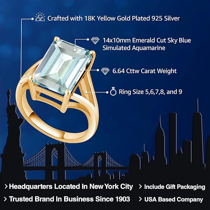 Gem Stone King 5-10 Cttw Gemstone Birthstone Solitaire Engagement Ring For Women | 18K Yellow Gold Plated Silver | 14X10MM Emerald Cut | Wedding Anniversary Ring | Available In Size 5, 6, 7, 8, 9