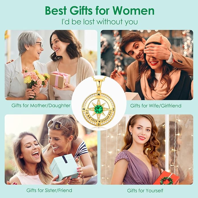 Compass Necklace Gifts for Women wife - S925 Sterling Silver Birthstone Necklaces for Women - Anniversary Birthday Gifts for Her Wife Girlfriend - Valentines Mom Mothers Day Christmas Gifts Jewelry for Women
