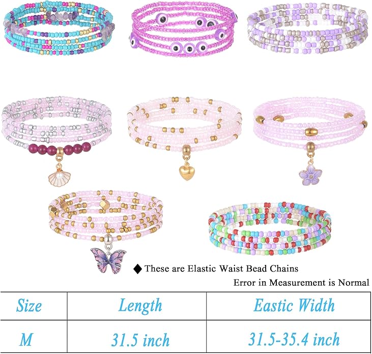 Tornito 8Pcs 31.5 Inches African Waist Bead Chain Elastic Belly Beads Butterfly Shell Layered Body Chain Colorful Jewelry Accessories for Women
