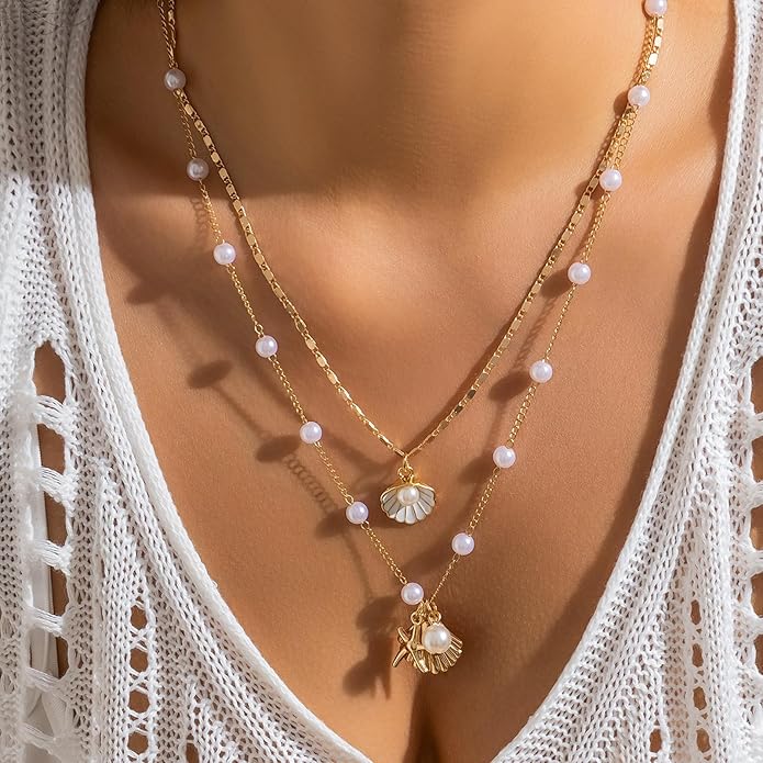 Choistily Charm Necklace Dainty Gold Western Outfit Beach Jewelry for Women Trendy Cowgirl Accessories for Women Gold Bow Sea Shell Pendant Necklace Preppy Stuff Summer Jewelry 2025
