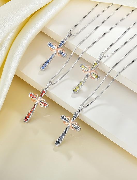 YL 925 Sterling Silver Cross Necklace for Women Halo Infinity Pendant Birthstone Jewelry for Mom