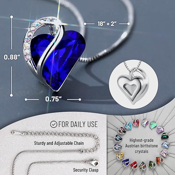 Necklaces for Women, Infinity Love Birthstone Heart Crystal Pendant, Birthday Jewelry Gifts for Her, Mom, and Wife, Silver Plated, 18 plus 2 inch Adjustable Chain