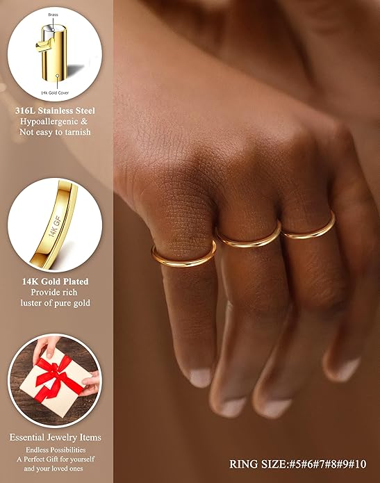LOYALLOOK 1.5mm 14K Gold Filled Stacking Rings for Women - Stainless Steel Plain Thin Knuckle Thumb Statement Midi Band Rings - Comfort Fit Silver/Gold/Rose Tone, 3PCS