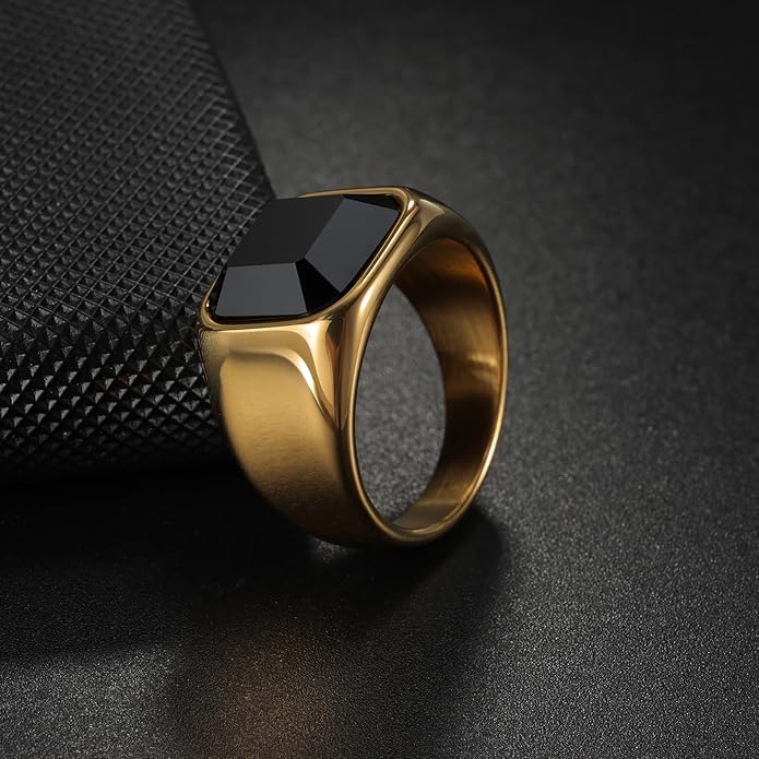 Mens Signet Rings Stainless Steel Pinky Ring for Men Women Silver/Black/Gold Square Cool Finger Ring, Gift for Dad Husband