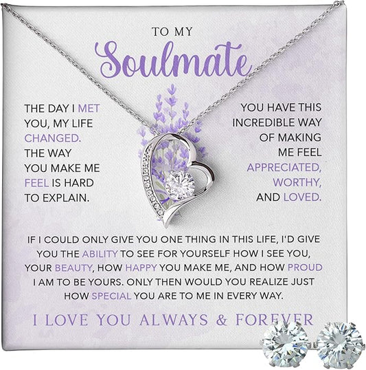 (USA-Assembled) To My Soulmate Gift - Womens Heart Necklace and Earring Set for Her Jewelry - Wedding Anniversary Valentines Day Birthday Engagement Christams Black Box (id157)