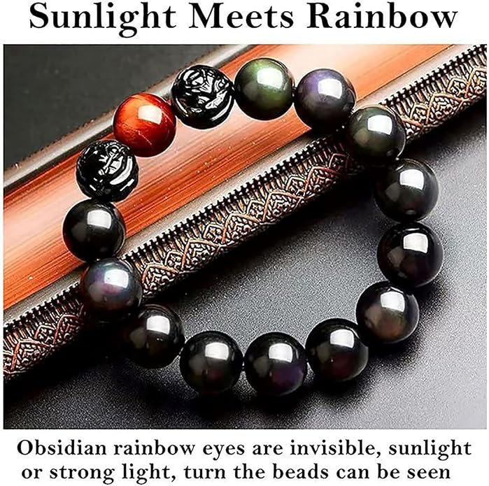 Black Obsidian Bracelet,Feng Shui Black Obsidian Wealth Bracelet for Women Men Couples Handmade Stretch Obsidian Bracelet Bangle with Carved Pixiu Tiger Eye Stone Attract Wealth Money and Good Luck