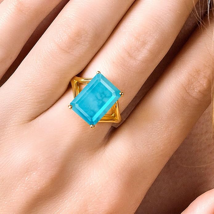 Gem Stone King 5-10 Cttw Gemstone Birthstone Solitaire Engagement Ring For Women | 18K Yellow Gold Plated Silver | 14X10MM Emerald Cut | Wedding Anniversary Ring | Available In Size 5, 6, 7, 8, 9