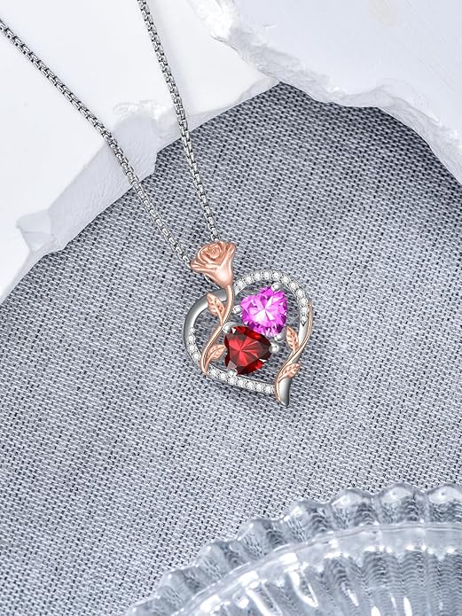 Jewelry for Her Double Heart Rose Birthstone Pendant Necklace Anniversary Jewelry Christmas Birthday Gifts for Women Wife Girlfriend