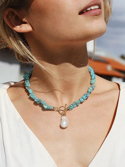 18k Gold Chain Link Necklace for Women, Baroque Pearl/Compass Pendant Necklace