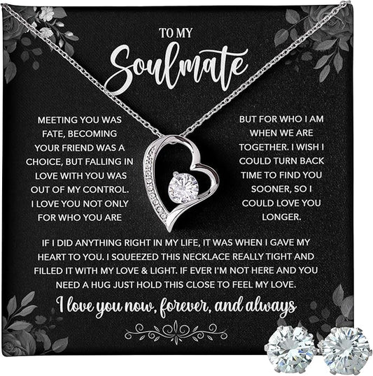 (USA-Assembled) To My Soulmate Gift - Womens Heart Necklace and Earring Set for Her Jewelry - Wedding Anniversary Valentines Day Birthday Engagement Christams Black Box (id164)