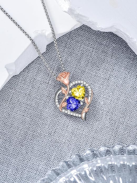 Jewelry for Her Double Heart Rose Birthstone Pendant Necklace Anniversary Jewelry Christmas Birthday Gifts for Women Wife Girlfriend