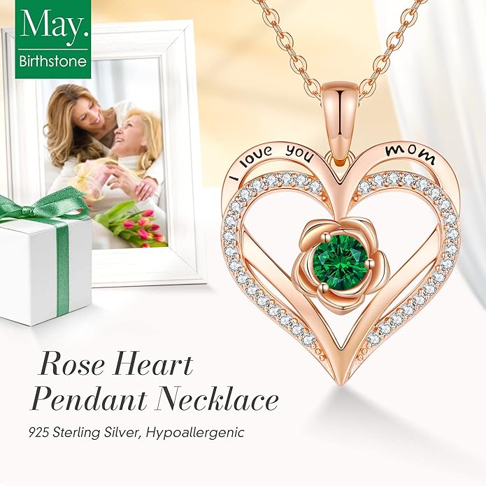 CDE S925 Silver Rose Gold Heart Birthstone Necklaces for Women，Ideal Anniversary or Birthday Jewelry Gifts for Wife Girlfriend Her