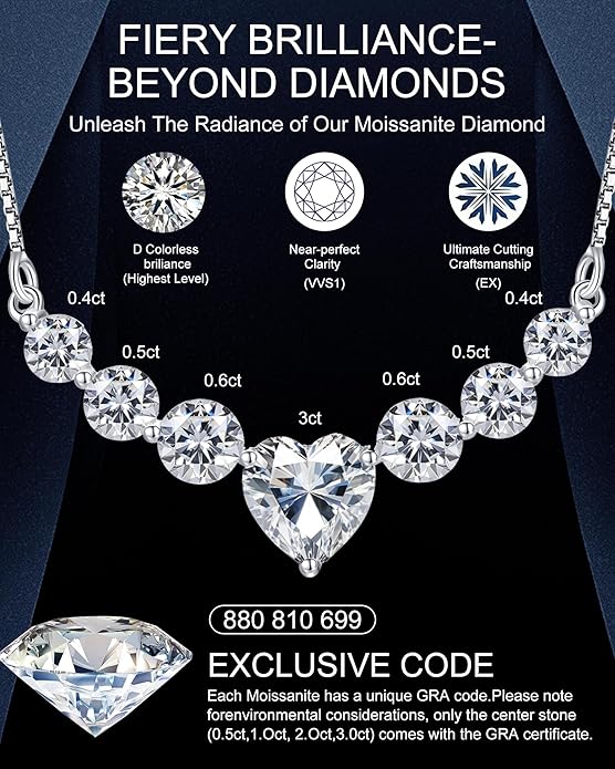 Moissanite Necklace for Women, 1.7-7.6 Carat Heart Necklace Engraved 'I LOVE YOU' Gift for Wife, Wedding Anniversary Birthday Gifts for Women, Jewelry Gifts for Her Wife Mom Girlfriend Lady