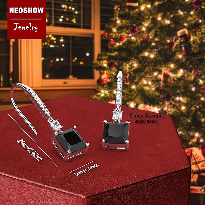 18K White Gold Plated Sterling Silver Square Princess Cut Cubic Zirconia Dangle Earrings for Women Square CZ Diamond Drop Dangling Earrings for Women Mom Hypoallergenic