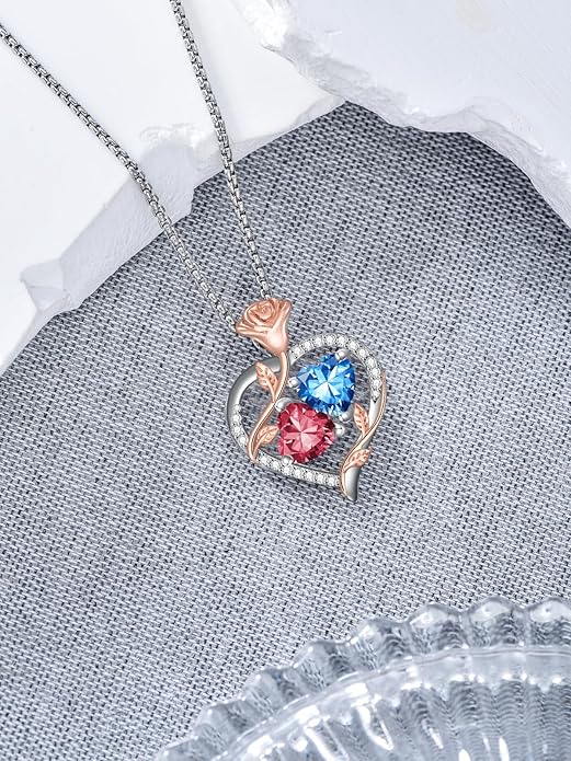 Jewelry for Her Double Heart Rose Birthstone Pendant Necklace Anniversary Jewelry Christmas Birthday Gifts for Women Wife Girlfriend