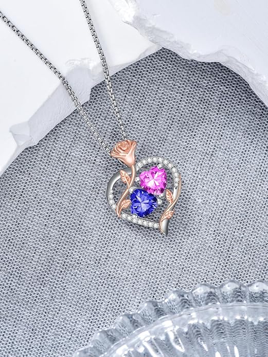 Jewelry for Her Double Heart Rose Birthstone Pendant Necklace Anniversary Jewelry Christmas Birthday Gifts for Women Wife Girlfriend