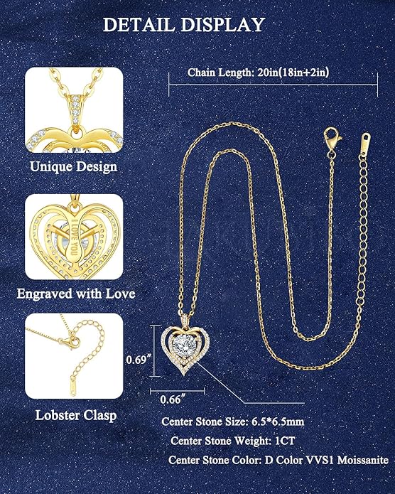 Moissanite Necklace for Women,1-2 Carat Heart Necklace Pendant Engraved with 'I LOVE YOU', 18K Gold Plated S925 Silver Jewelry Anniversary Birthday Gift for Girlfriend Wife Mom