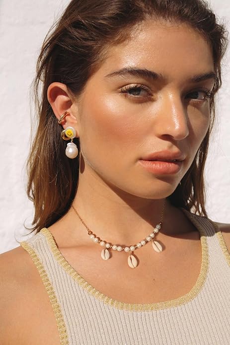 18k Gold Chain Link Necklace for Women, Baroque Pearl/Compass Pendant Necklace