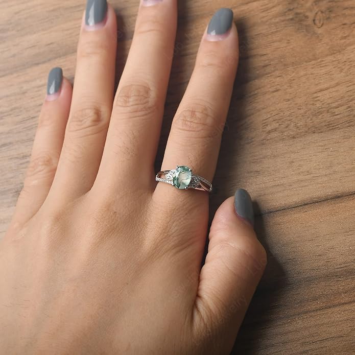 925 Sterling Silver Oval Shaped 8X6 MM Gemstone Ring Leaf Engagement Ring for Women Jewelry