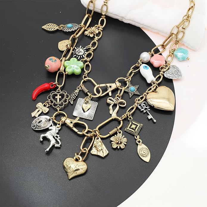 Chunky Retro Heart Necklace for Women Antique Layer Beach Ocean Moon Stars Western Boho Charm Necklaces Retro Link Chain Jewelry