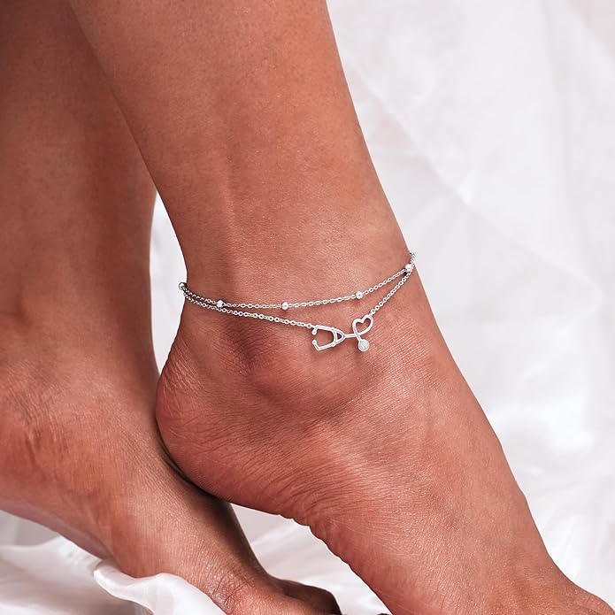 CHIC & ARTSY Womens Sterling Silver Created Opal Layered Anklet Bracelet Dainty Beaded Chain Adjustable 11" Best Friend Anklet