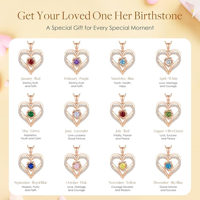CDE S925 Silver Rose Gold Heart Birthstone Necklaces for Women，Ideal Anniversary or Birthday Jewelry Gifts for Wife Girlfriend Her