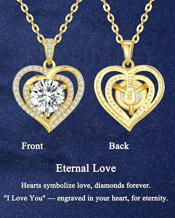 1-2 CT Moissanite Heart Pendant Necklaces for Wife,Moissanite Necklace Engraved with 'I LOVE YOU,18K Gold Plated S925 Silver Jewelry Anniversary Christmas Gifts for Girlfriend Wife Mom