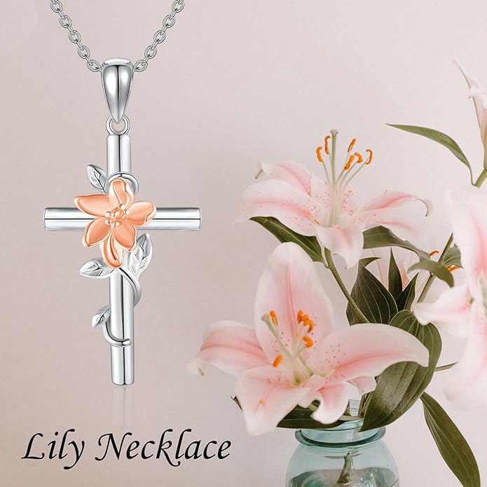 Flower Cross Necklace 925 Sterling Silver Carnation/Rose/Lily/Daisy Cross Necklace Birth Flower Jewelry for Women