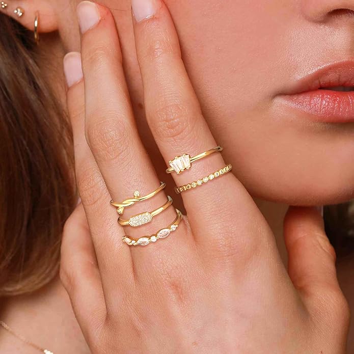WFYOU Gold Rings for Women that Don't Tarnish Cubic Zirconia Ring Stackable Rings for Women Dainty 14K Gold Plated Rings Set Wedding Bands for Women Gold Jewelry Ring Size 6 7 8 9 10