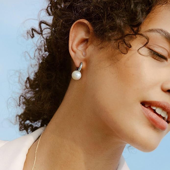 925 Sterling Silver Hoop Handpicked AAA+ Quality 7.5-8mm White Freshwater Cultured Pearl Dangle Drop Earrings Jewelry for Women