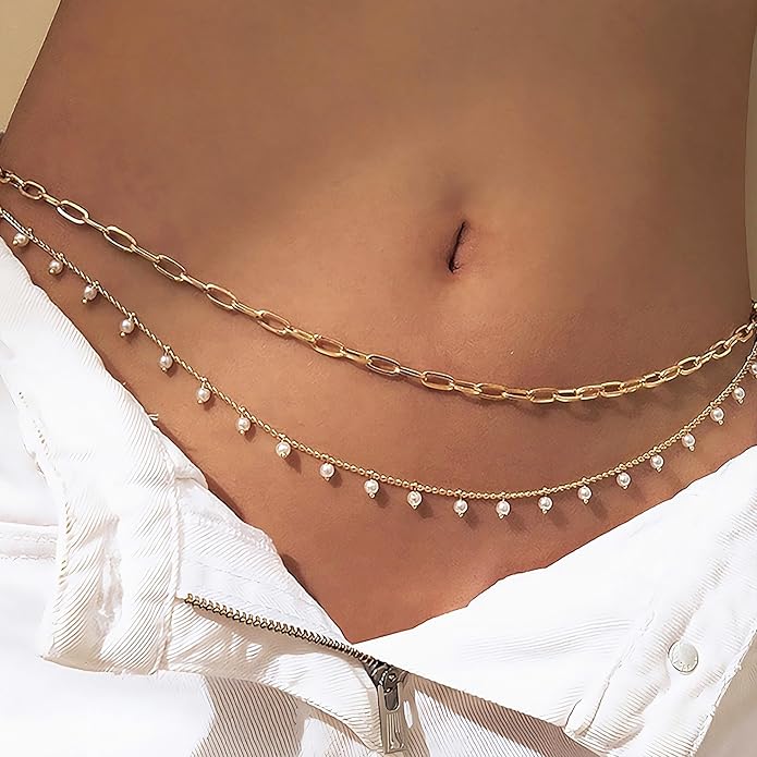 Turandoss 1-3PCS 18K Gold Plated Waist Chains for Women - Gold Layered Belly Body Chain for The Waist Adjustable Multilayer Sexy Bikini Waist Chain for Women Dainty Beach Waist Jewelry for Women